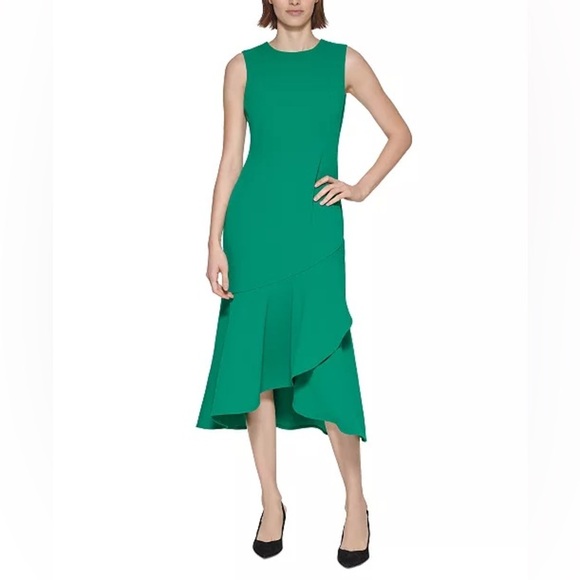 Calvin Klein Flounce Hem Midi Sheath Dress Green Size 10 - Picture 2 of 12